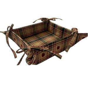 Farmhouse Country Fabric Cloth Bread/Fruit Basket Side Ties Square Plaid Apples